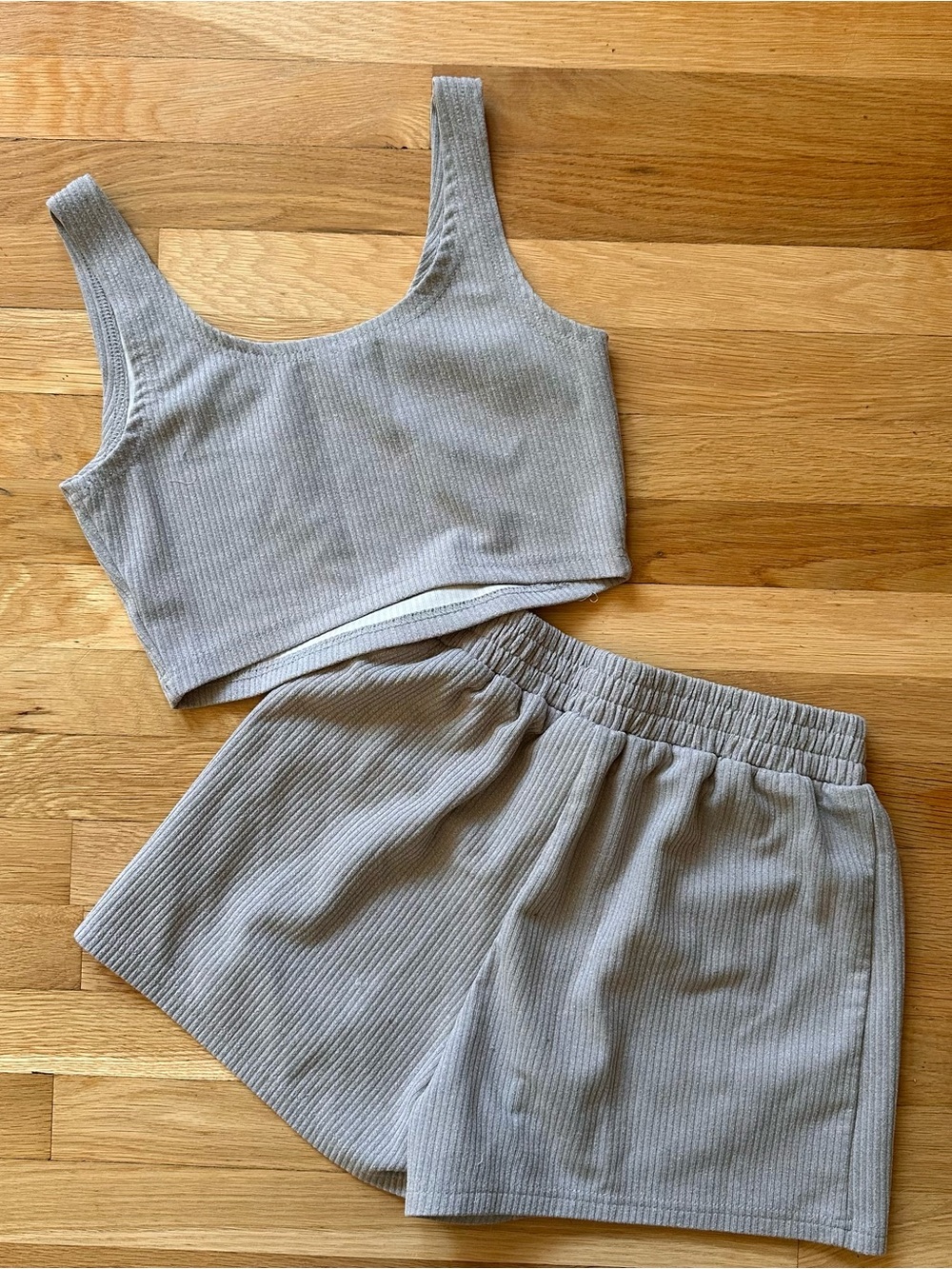 Ribbed Crop Tank and Elastic Waist Shorts Set - Taupe